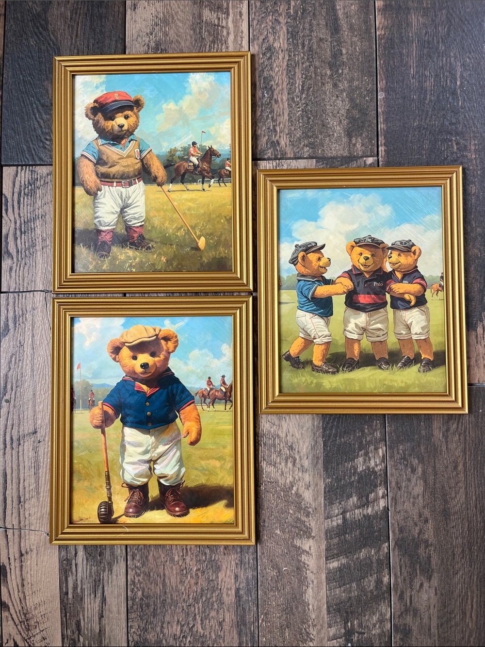 Set of 3 Vintage-Inspired Polo Bear-Style Gallery Framed Art Prints 10x12” each